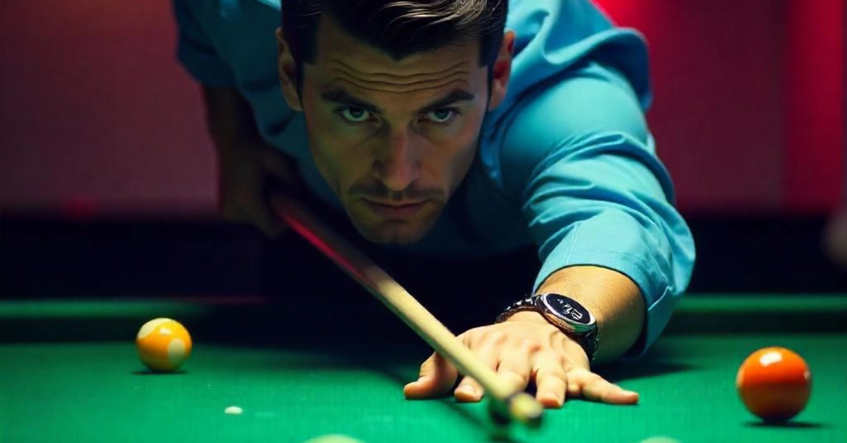 A young Caucasian man with short dark hair wearing a teal shirt, leaning over a pool table and lining up a shot