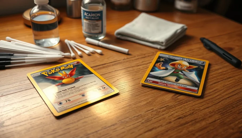 An organized workspace with a close-up of a Pokemon card and a sports card on a wooden table