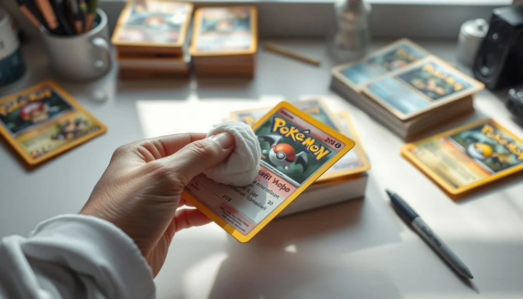 A workspace featuring a hand holding a cotton ball soaked in rubbing alcohol, carefully wiping away black Sharpie ink from a colorful Pokémon card