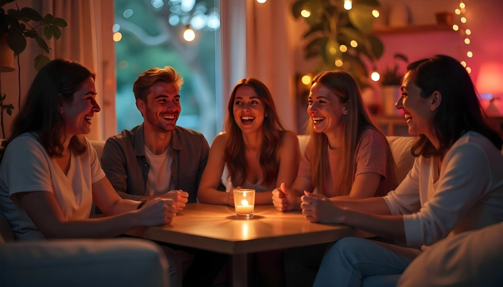 Three young adults, two women and one man, sitting at a table and playing no equipment games laughing together in a cozy, dimly lit setting with string lights in the background